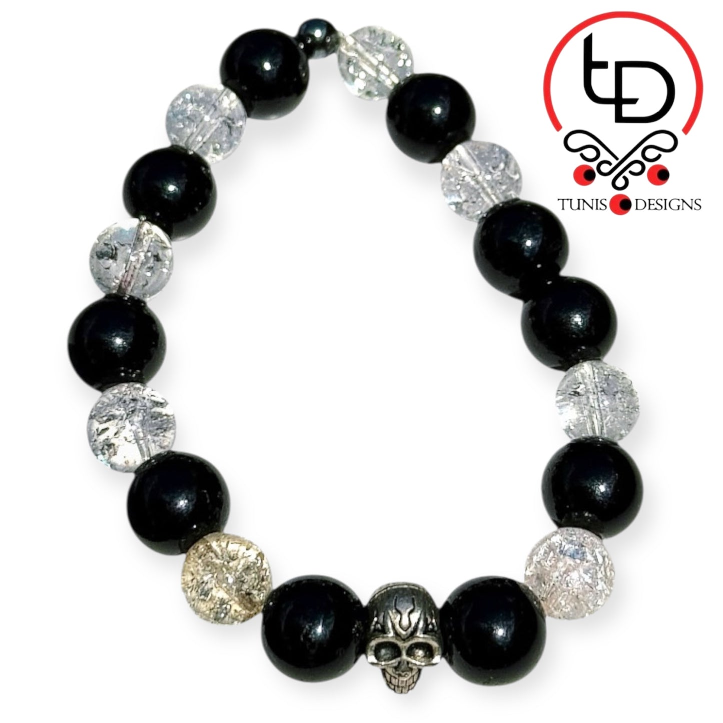 Skull With Big Black and Clear Beads Bracelet