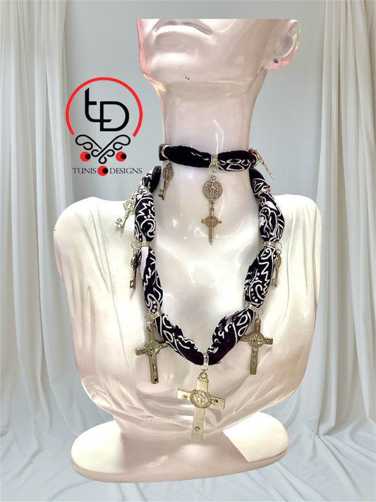 Sterling Silver Crosses & Black Bandana 
Bracelet
