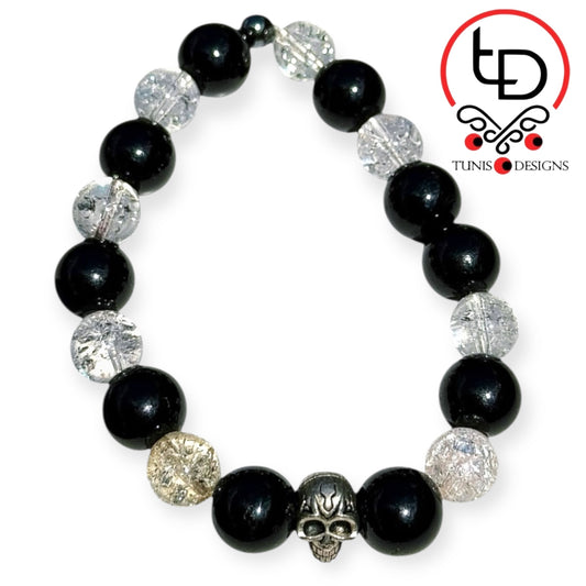 Skull With Big Black and Clear Beads Bracelet