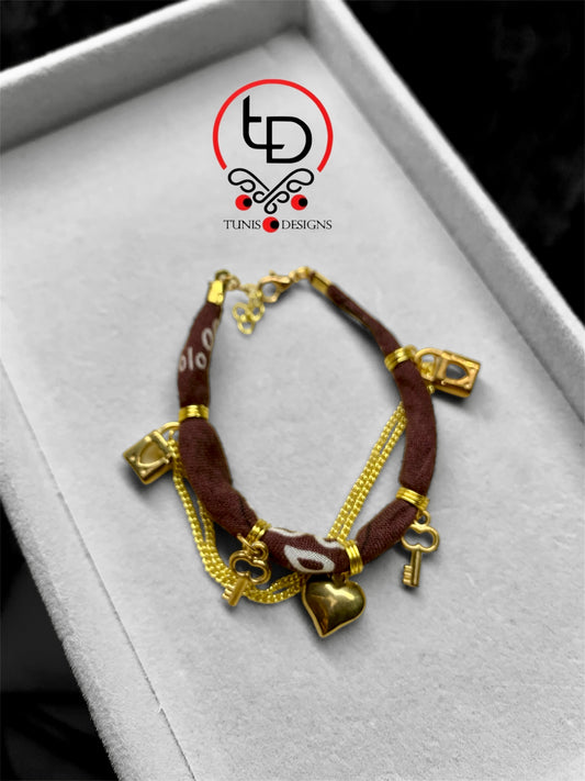 Plated Gold Charms & Brown Bandana  Bracelet