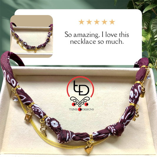 Plated Gold Charms & Brown Bandana Necklace