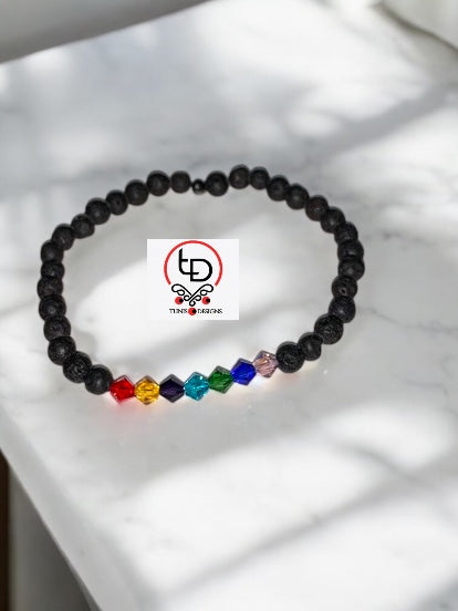 Chakra Swarovski Bracelet with Small Lava Beads